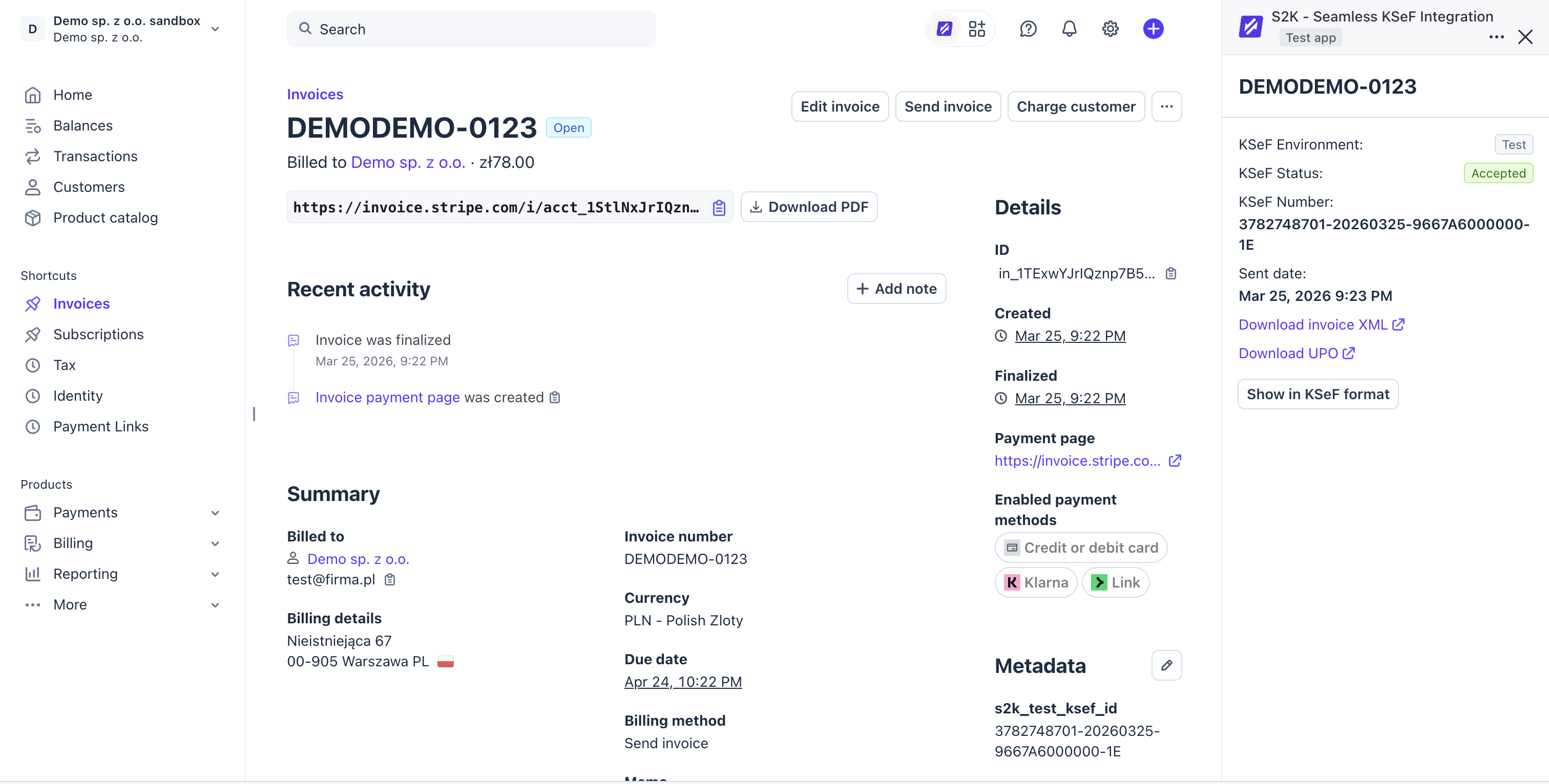 S2K Dashboard - podgląd faktury w Stripe z panelem KSeF
